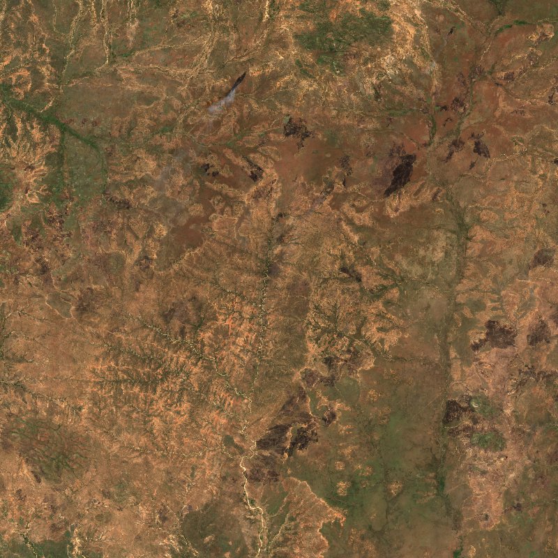 Image satellite Sentinel-2 de la même zone de Kordofan du Sud (SD) pendant l'incendie, le 16 octobre 2026