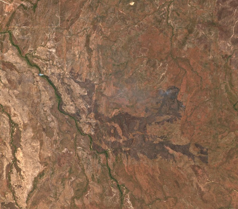 Image satellite Sentinel-2 de la même zone de Territoire du Nord (AU) pendant l'incendie, le 12 octobre 2026