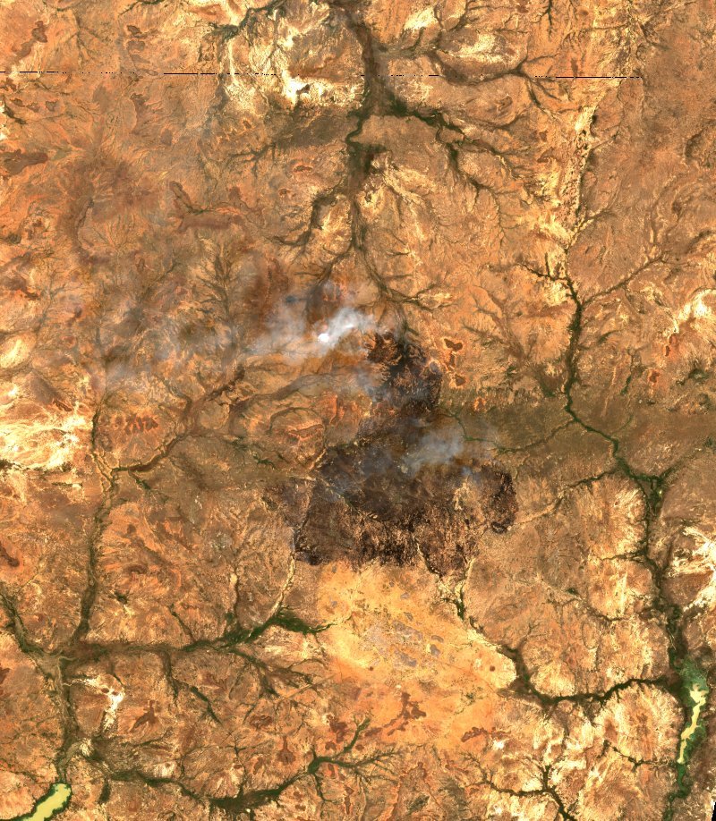 Imagen de satélite Sentinel-2 de la misma zona cerca de Soum (BF) durante el incendio, el 20 de octubre de 2026