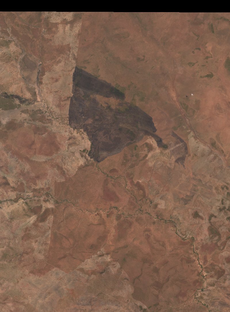 Sentinel-2 satellite image of the same area near Nord-Occidentale (ZM) during the fire, on 13 October 2026
