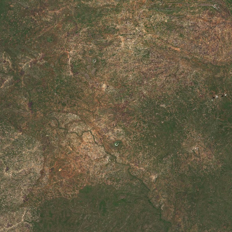 Sentinel-2-Satellitenbild desselben Gebiets bei Zambézie (MZ) während des Brandes, am 18. Oktober 2026