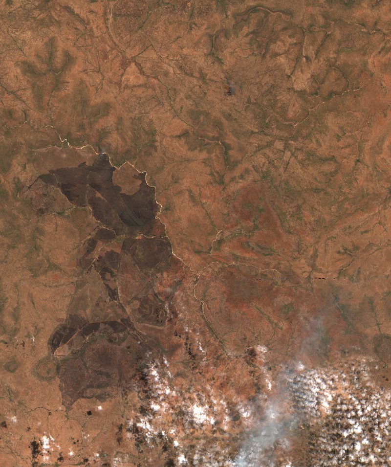 Image satellite Sentinel-2 de la même zone d'Australie-Occidentale (AU) pendant l'incendie, le 18 octobre 2026