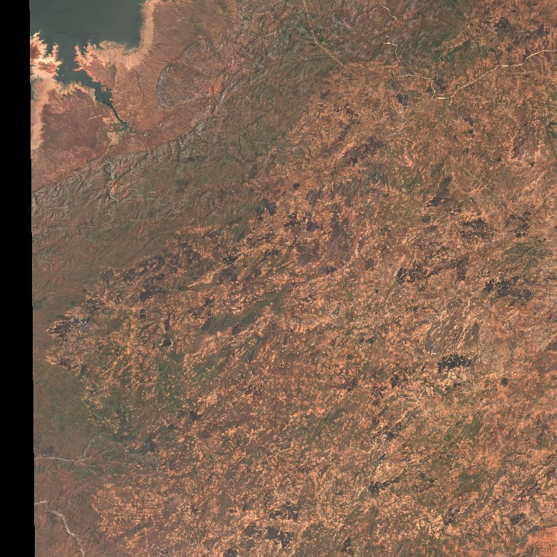 Sentinel-2-Satellitenbild desselben Gebiets bei Mashonaland occidental (ZW) während des Brandes, am 20. Oktober 2026