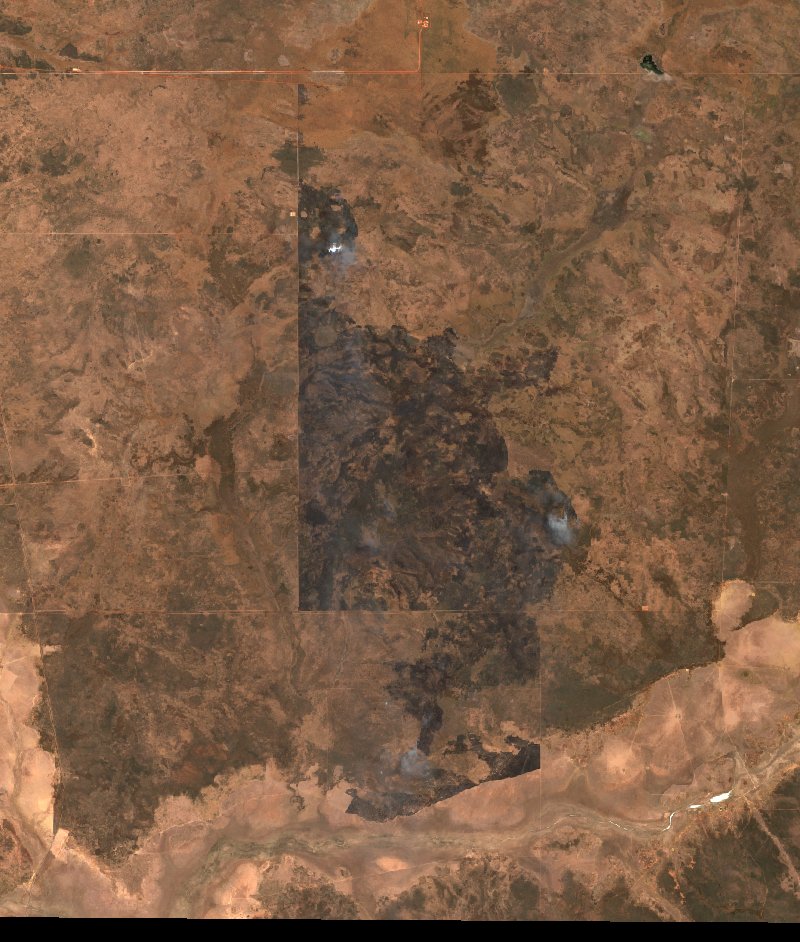 Image satellite Sentinel-2 de la même zone de Territoire du Nord (AU) pendant l'incendie, le 19 octobre 2026