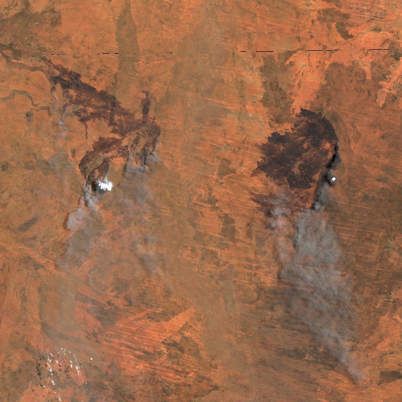 Image satellite Sentinel-2 de la même zone de Territoire du Nord (AU) pendant l'incendie, le 17 octobre 2026