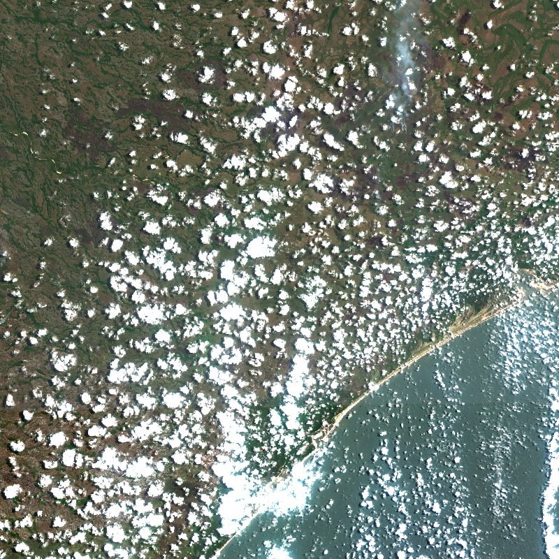 Sentinel-2-Satellitenbild desselben Gebiets bei Sofala (MZ) nach dem Brand, am 21. Oktober 2026