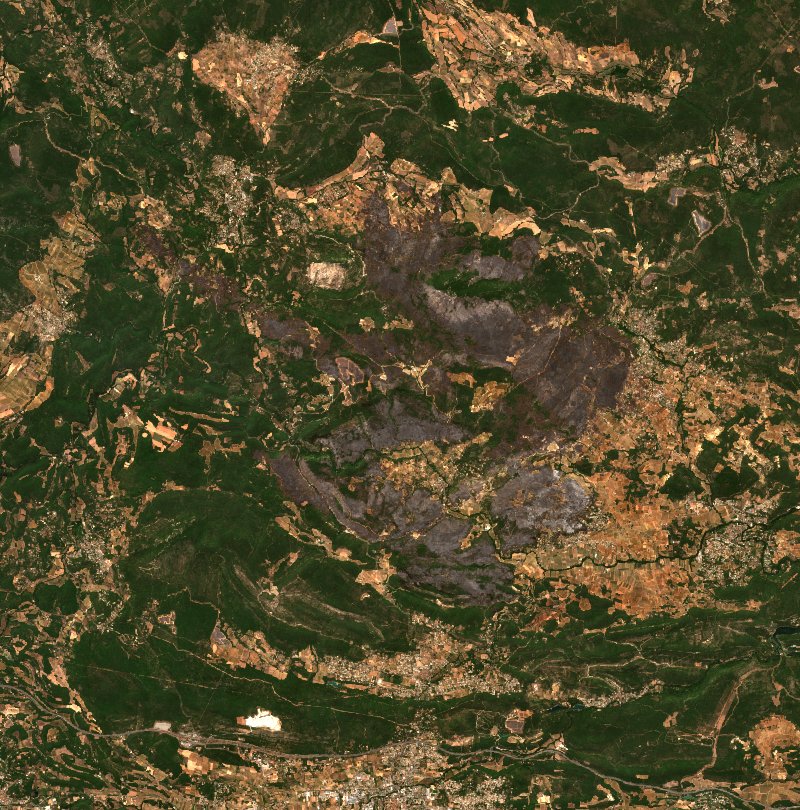 Sentinel-2 satellite image of the same area near Correns after the fire, on 3 August 2026