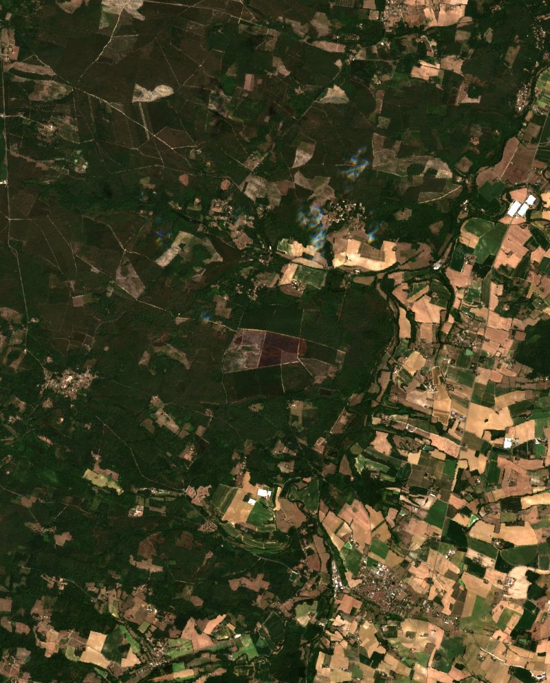Sentinel-2-Satellitenbild desselben Gebiets bei Réaup-Lisse nach dem Brand, am 2. August 2026
