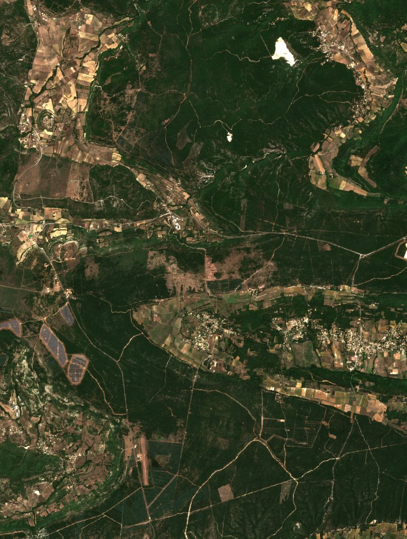 Image satellite Sentinel-2 de la même zone de Fontarèches après l'incendie, le 2 septembre 2026