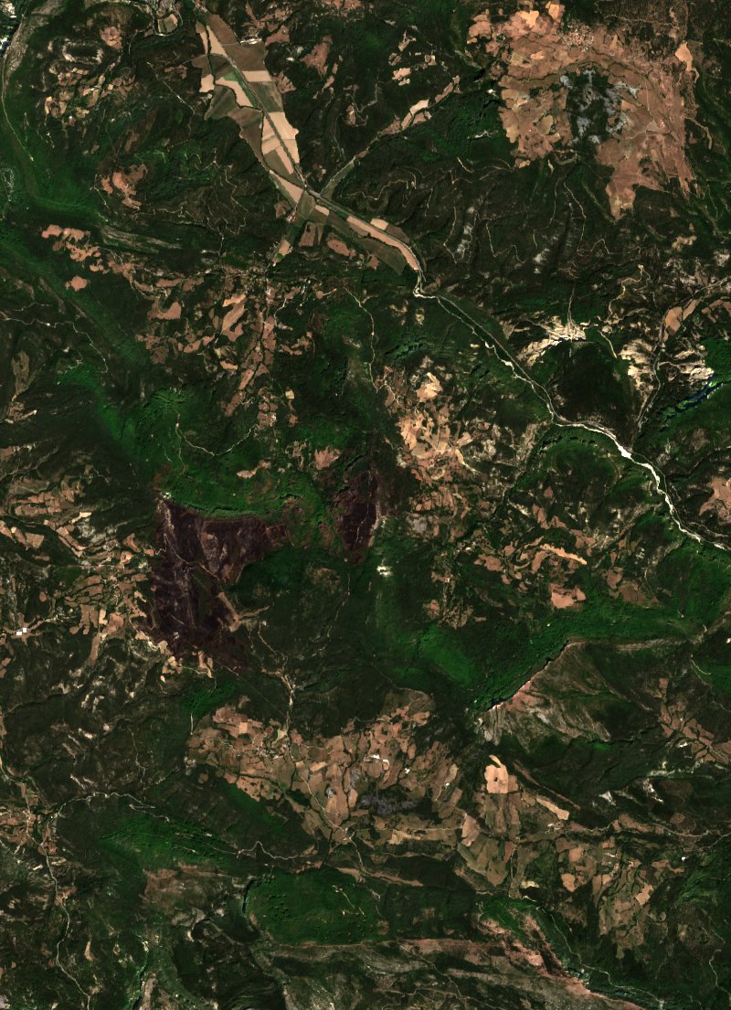 Sentinel-2 satellite image of the same area near Bellegarde-en-Diois after the fire, on 19 August 2026
