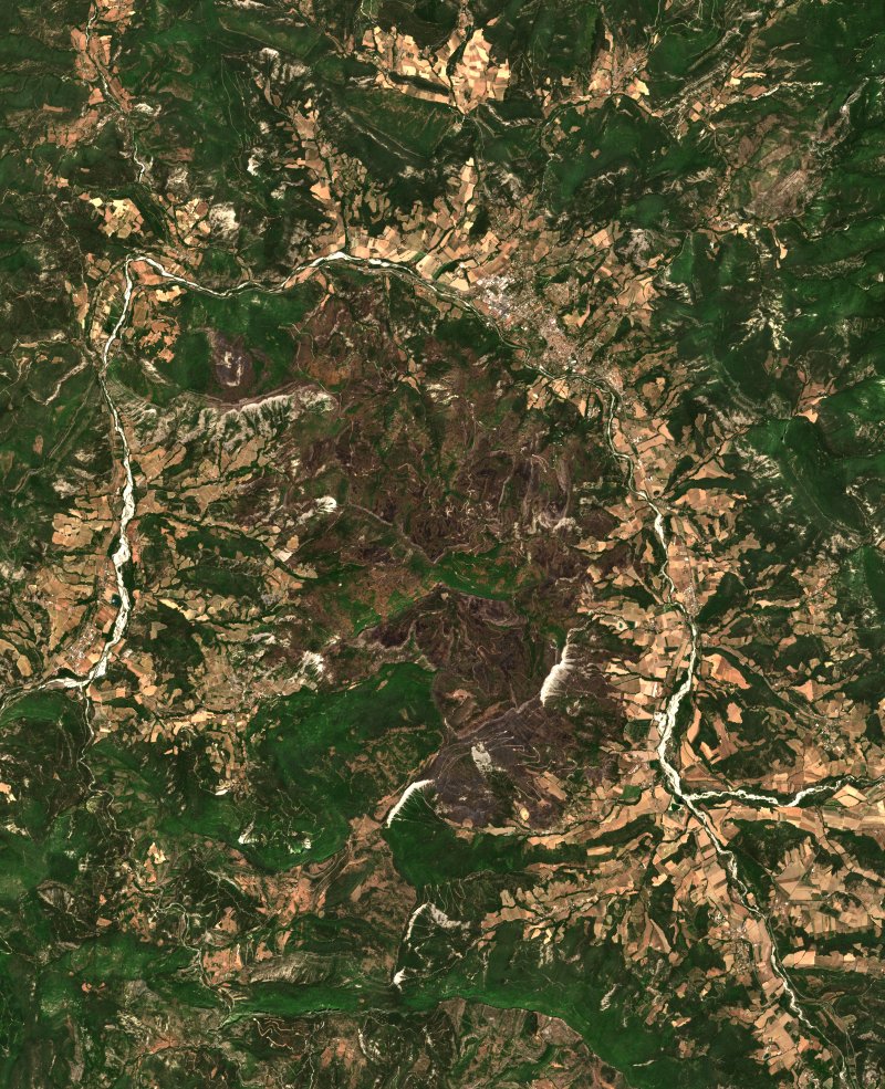 Imagen de satélite Sentinel-2 de la misma zona cerca de Die después del incendio, el 24 de julio de 2026