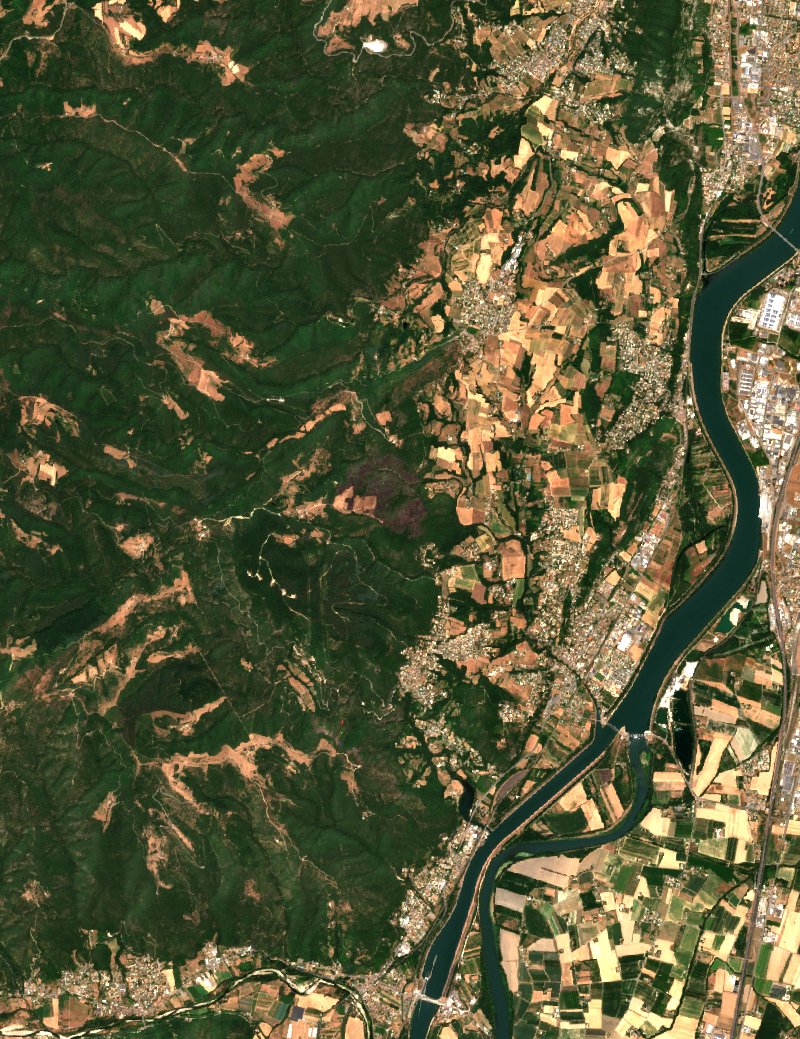 Sentinel-2 satellite image of the same area near Saint-Georges-les-Bains after the fire, on 12 July 2026