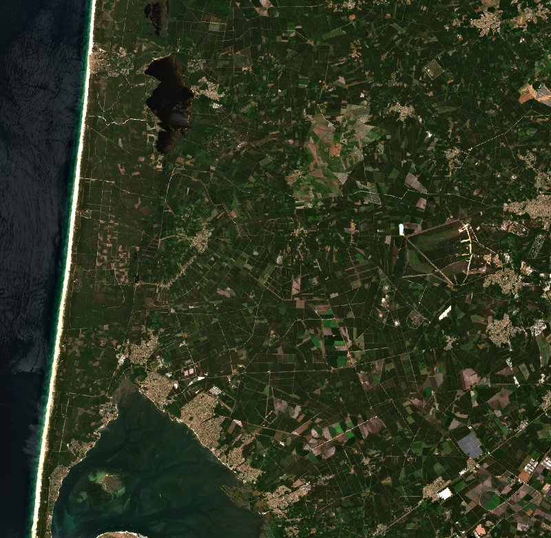 Sentinel-2 satellite image of the area near Le Porge before the fire, on 23 June 2026
