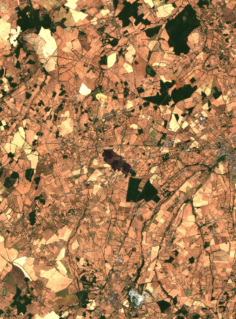 Sentinel-2-Satellitenbild desselben Gebiets bei Gournay nach dem Brand, am 8. Juli 2026
