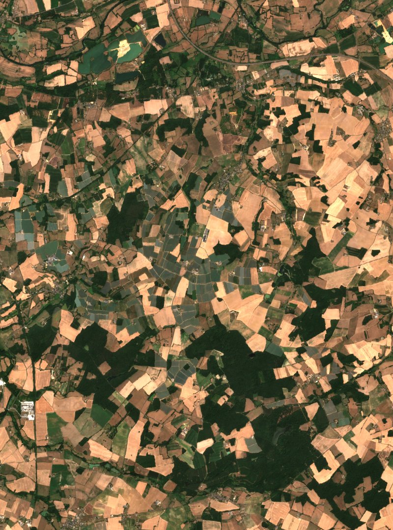 Sentinel-2-Satellitenbild desselben Gebiets bei Saint-Aubin-le-Dépeint nach dem Brand, am 21. Juli 2026
