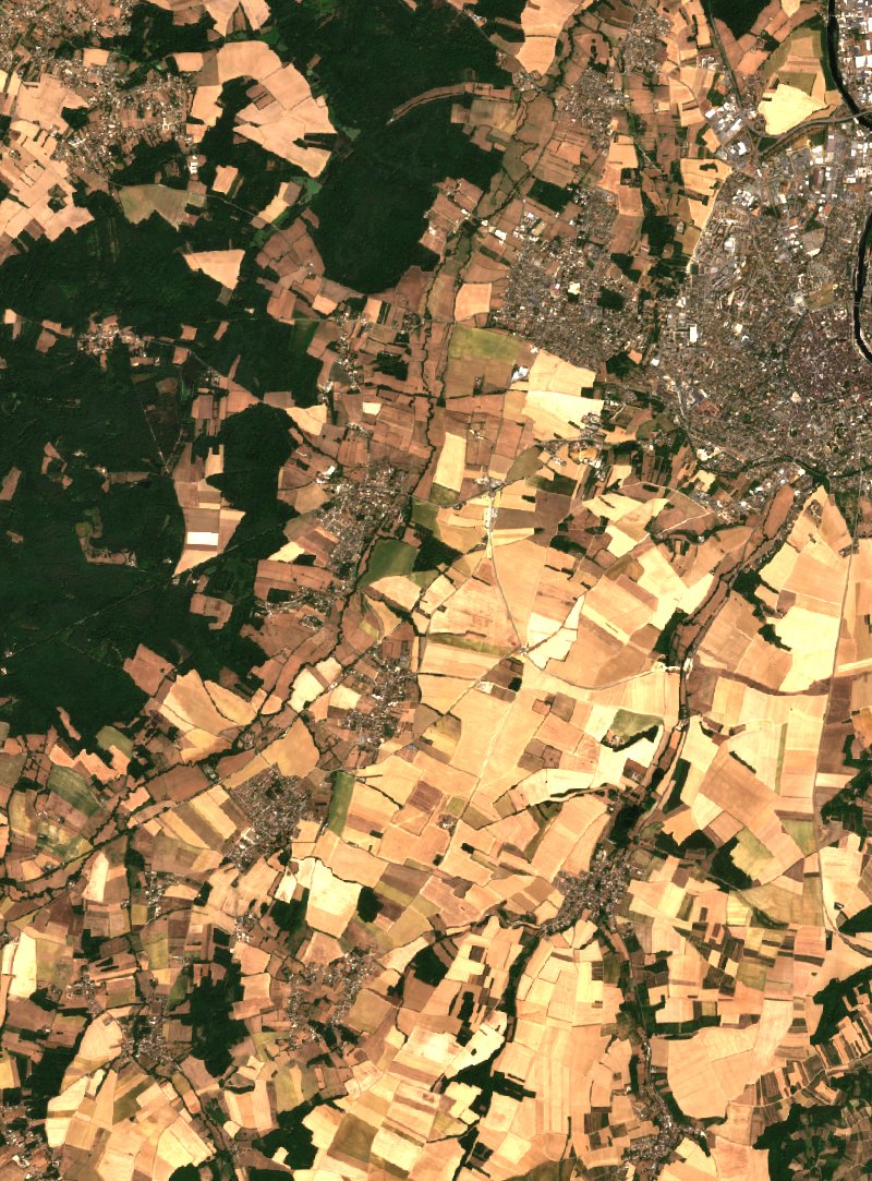 Sentinel-2 satellite image of the same area near Chevannes after the fire, on 28 July 2026