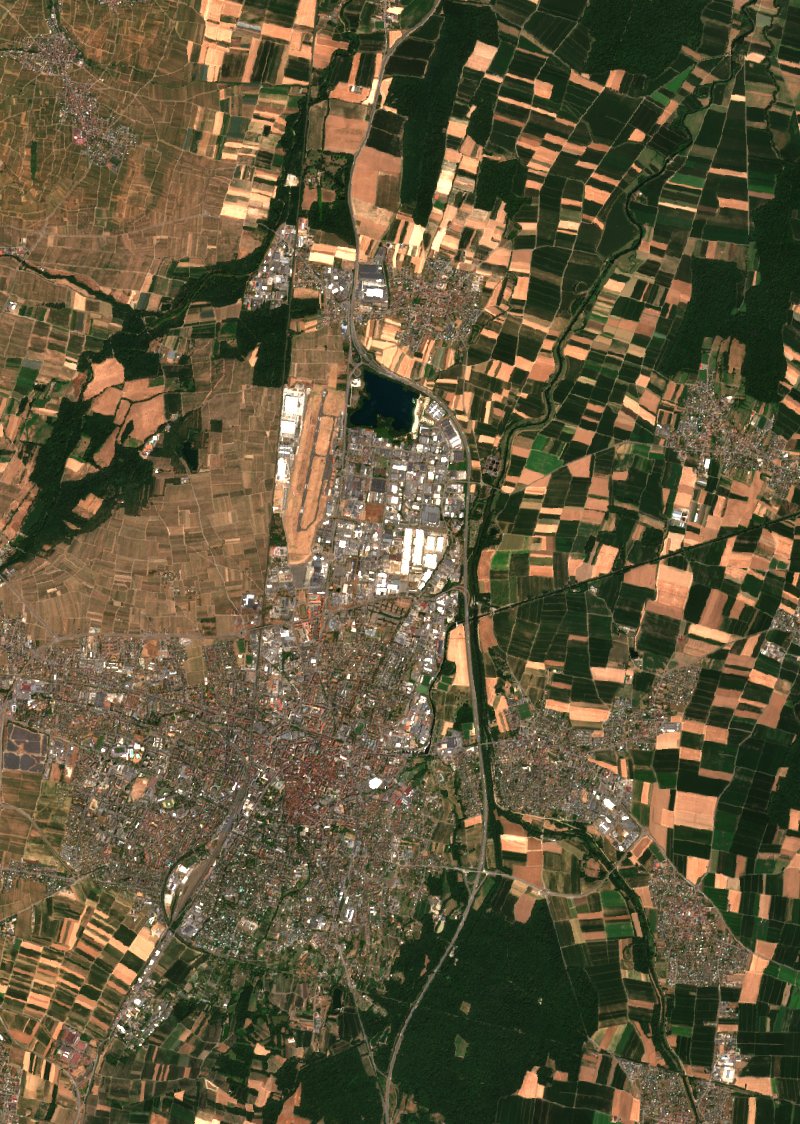 Sentinel-2-Satellitenbild des Gebiets bei Colmar vor dem Brand, am 4. Juli 2026