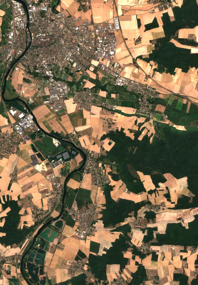 Sentinel-2-Satellitenbild des Gebiets bei Malay-le-Grand vor dem Brand, am 12. August 2026