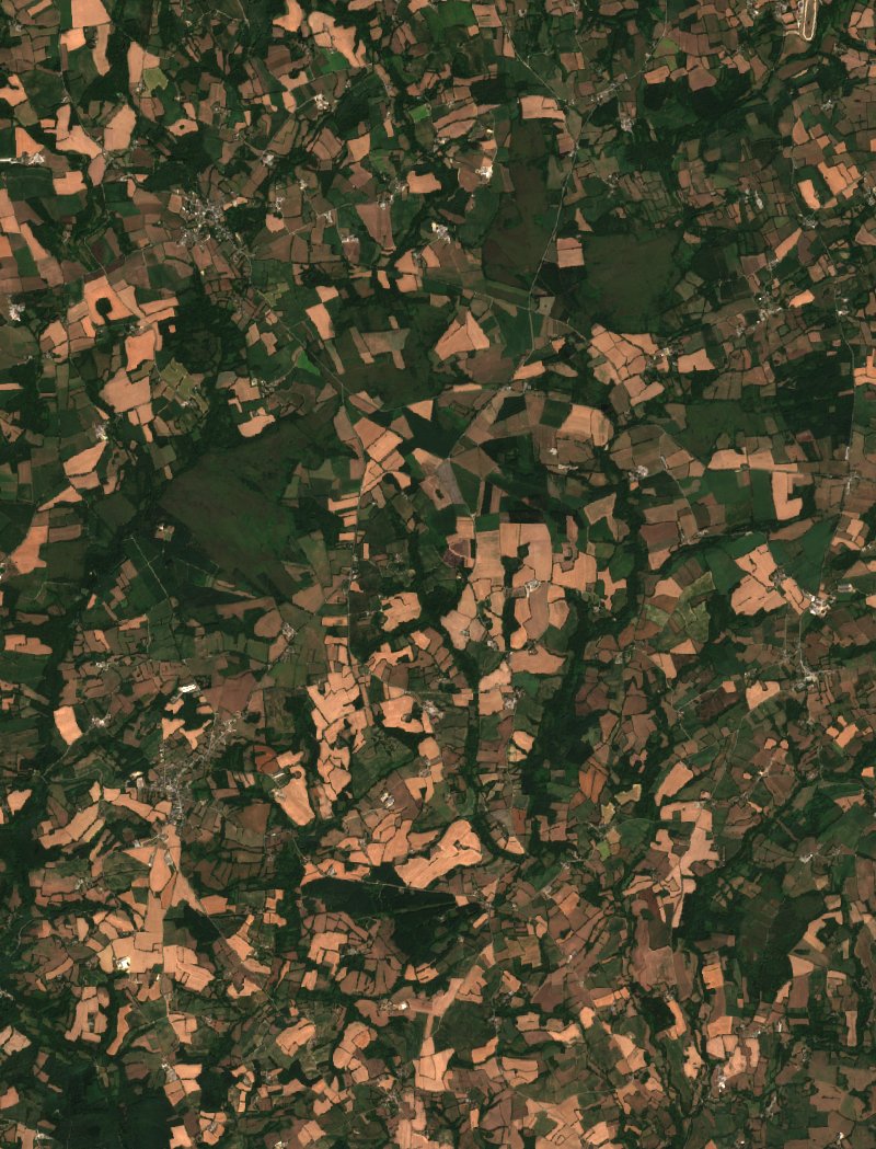 Sentinel-2 satellite image of the same area near Scrignac after the fire, on 29 July 2026
