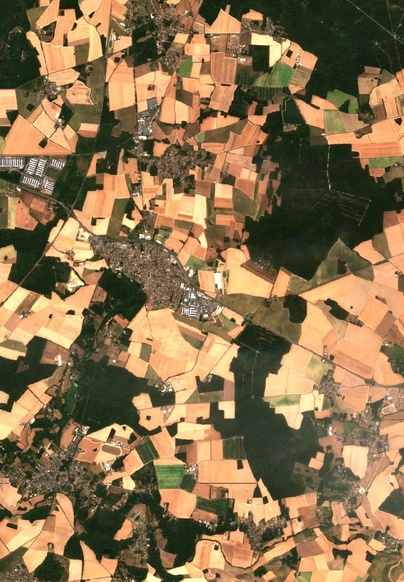 Sentinel-2 satellite image of the same area near Fontenay-Trésigny after the fire, on 7 August 2026