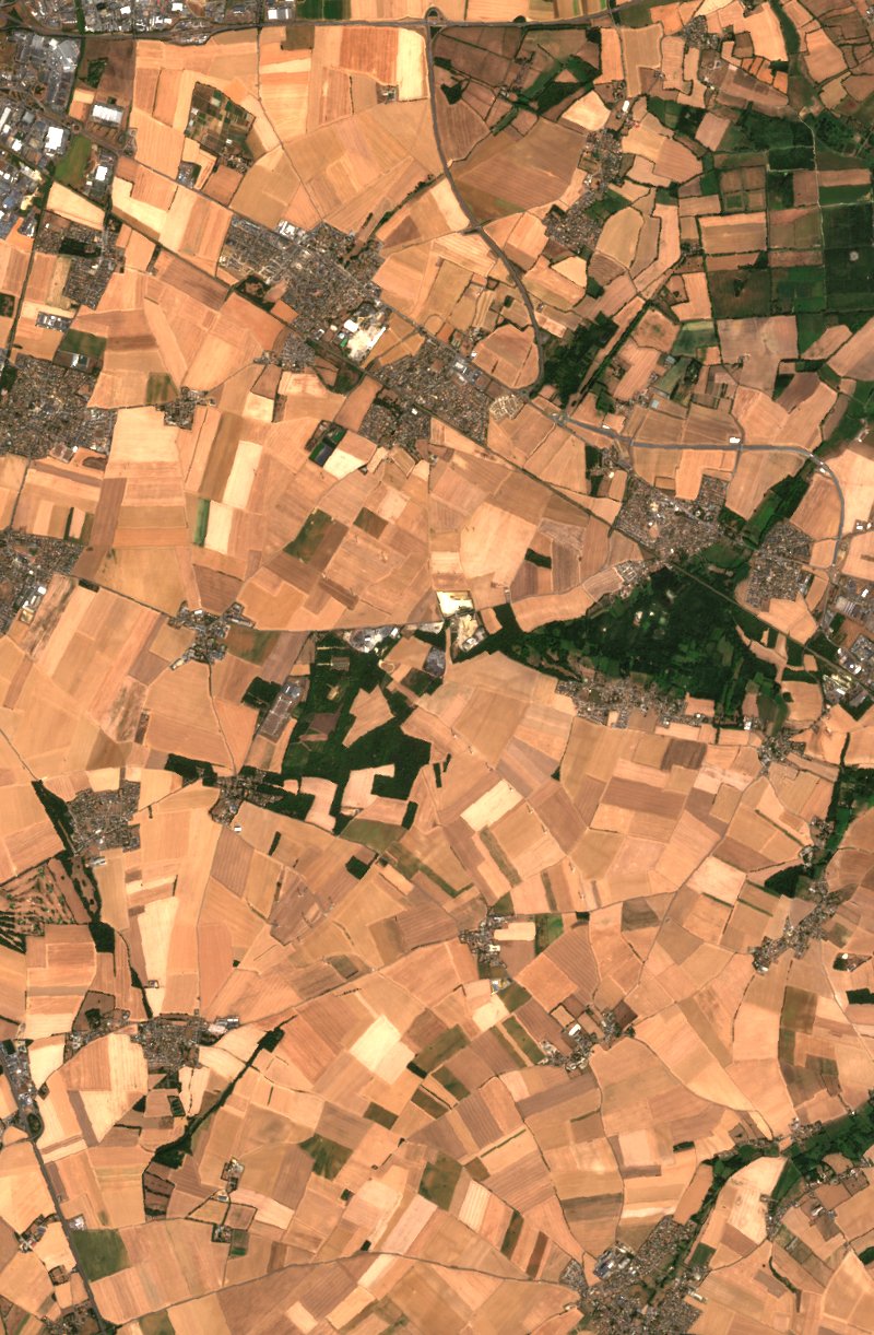Sentinel-2 satellite image of the same area near Bellengreville after the fire, on 13 August 2026