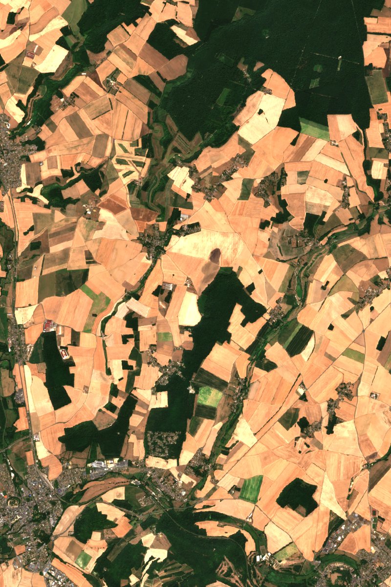 Sentinel-2 satellite image of the same area near Flavacourt after the fire, on 28 July 2026