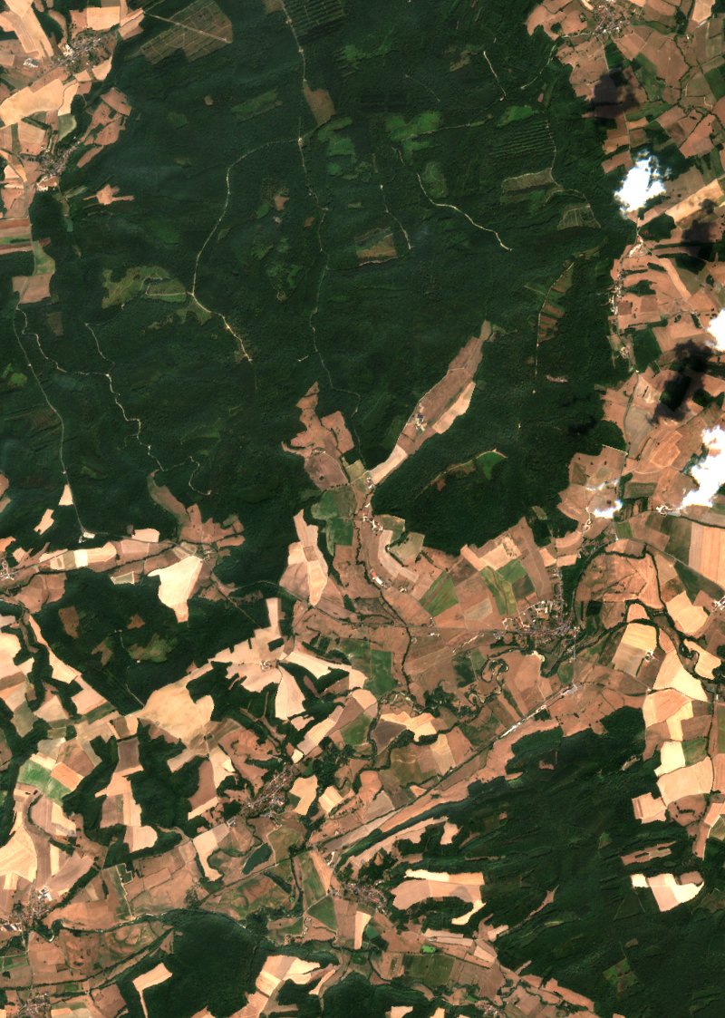 Sentinel-2-Satellitenbild des Gebiets bei Grandpré vor dem Brand, am 16. August 2026