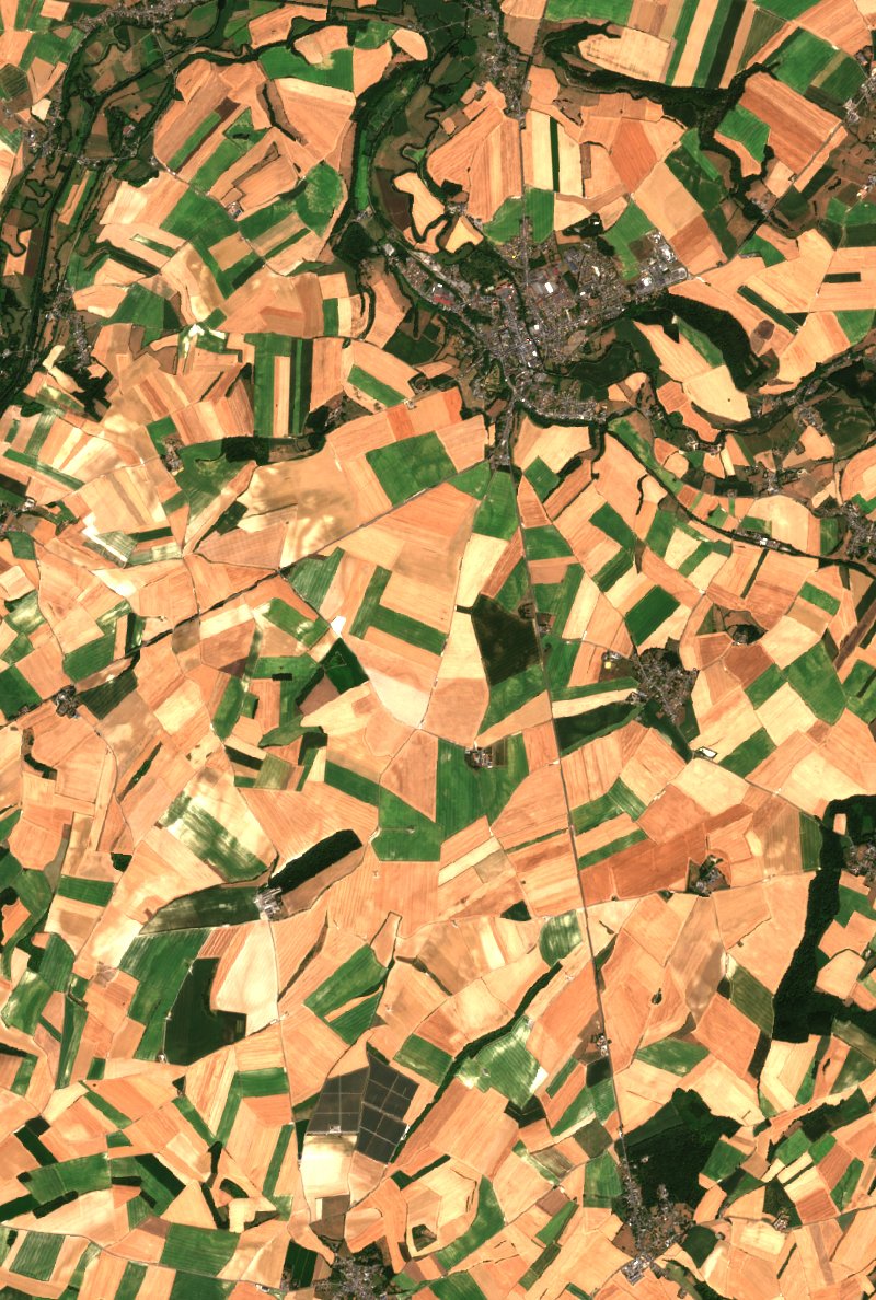 Sentinel-2-Satellitenbild desselben Gebiets bei Audigny nach dem Brand, am 28. Juli 2026