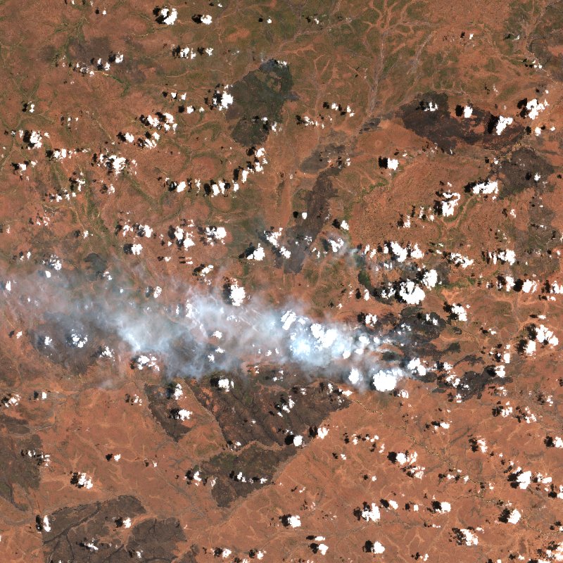 Sentinel-2-Satellitenbild desselben Gebiets bei Singida (TZ) während des Brandes, am 12. Oktober 2026