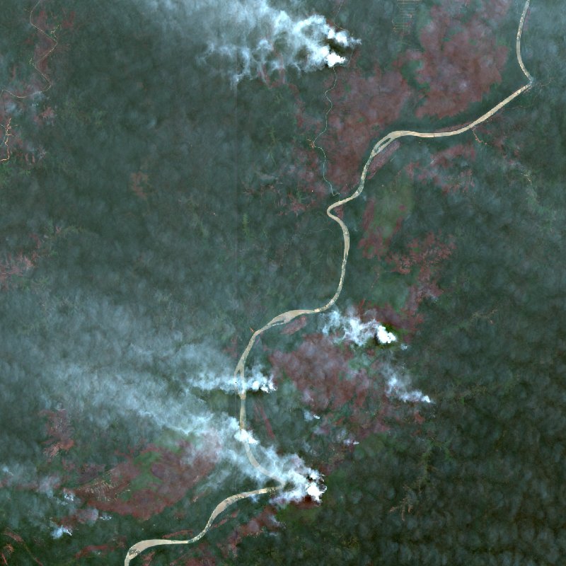Image satellite Sentinel-2 de la même zone de Papouasie (ID) pendant l'incendie, le 11 octobre 2026
