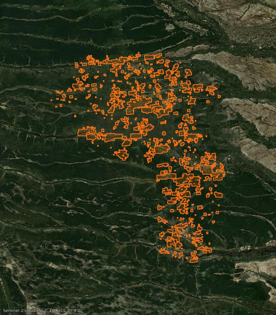 Contour de la zone brûlée de Moxico (AO), tracé sur l'imagerie satellite