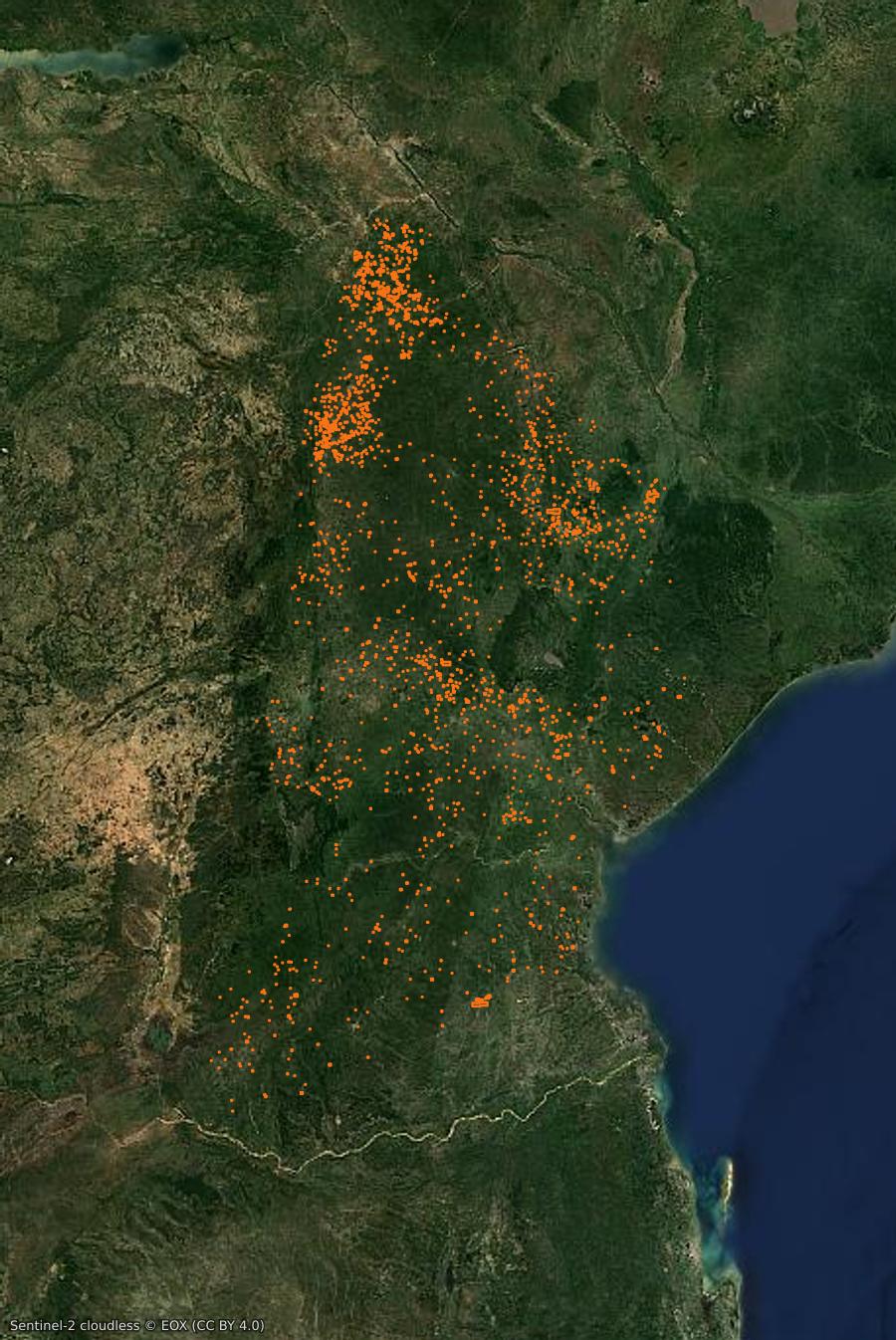 Umriss der Brandfläche bei Sofala (MZ), gezeichnet auf Satellitenbilder