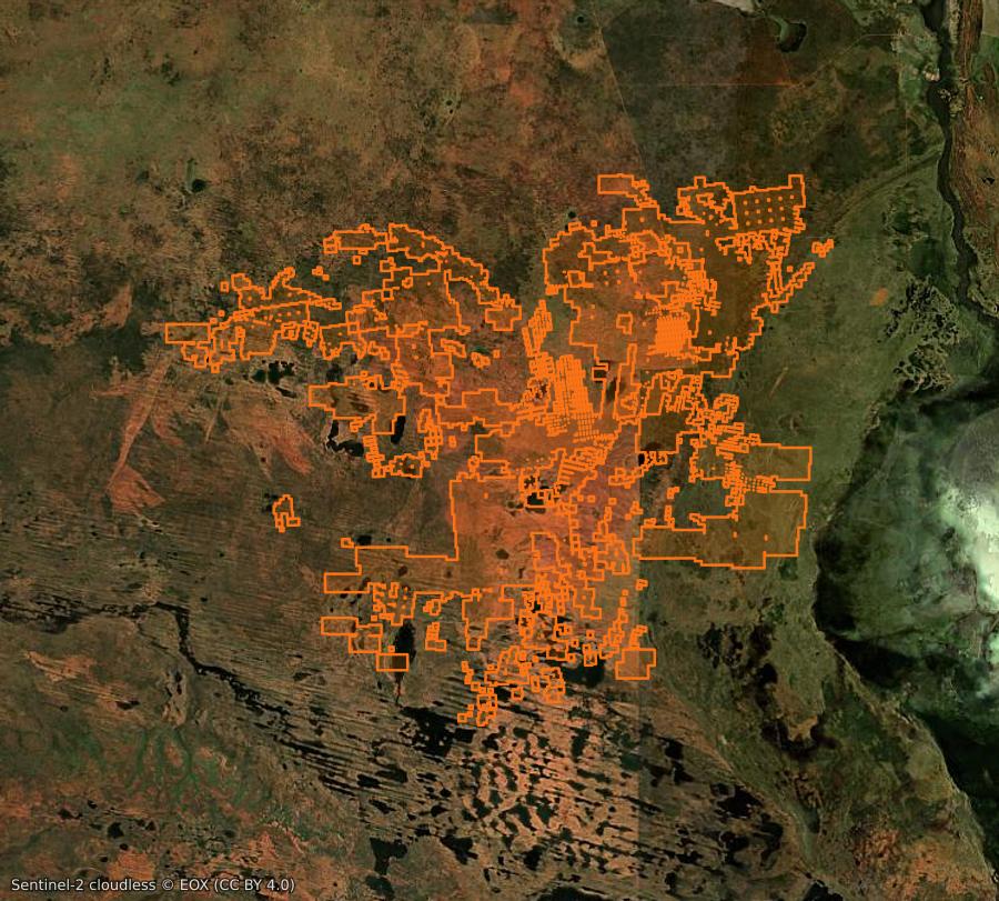 Contorno de la zona quemada cerca de Territoire du Nord (AU), trazado sobre imágenes de satélite