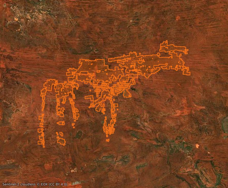 Contour de la zone brûlée d'Australie-Occidentale (AU), tracé sur l'imagerie satellite