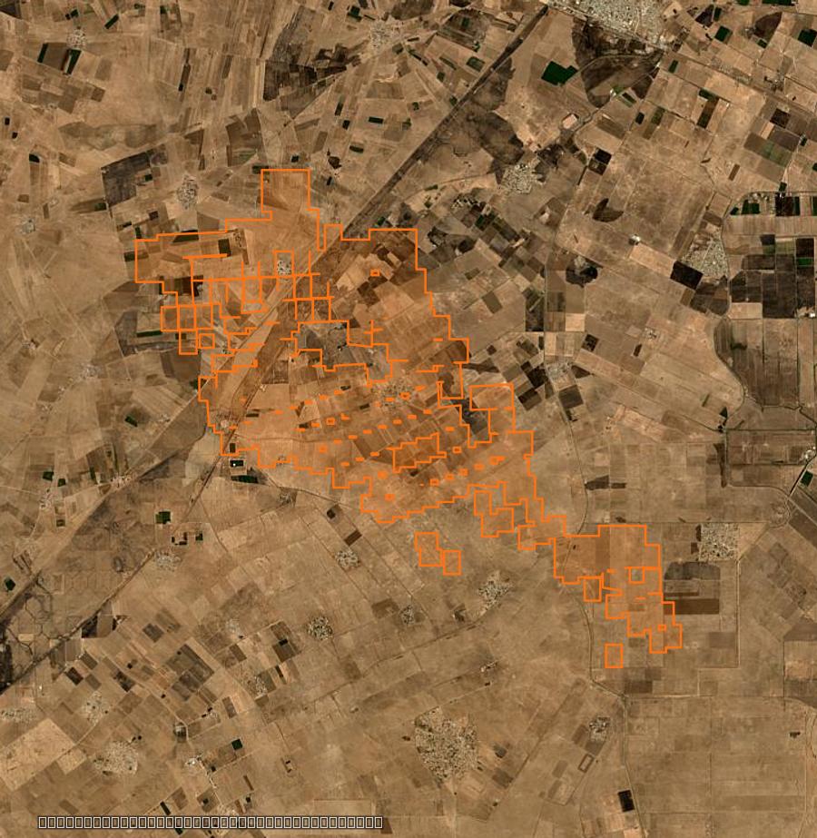 Contorno de la zona quemada cerca de Ninive (IQ), trazado sobre imágenes de satélite