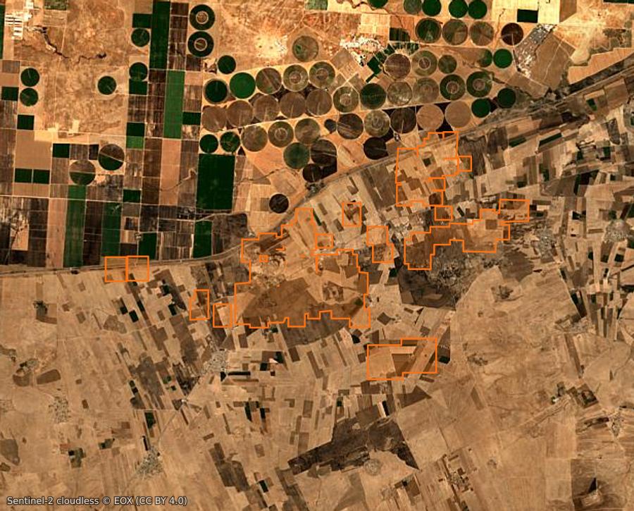 Contour de la zone brûlée de Tall Khinzir (SY), tracé sur l'imagerie satellite