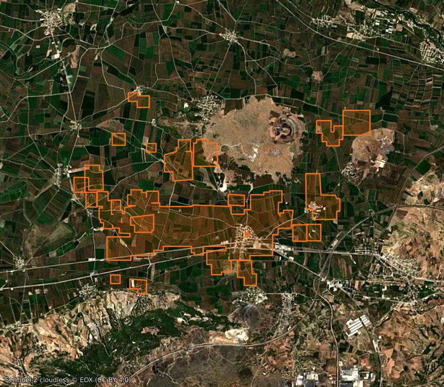 Contour de la zone brûlée de Ceyhan (TR), tracé sur l'imagerie satellite