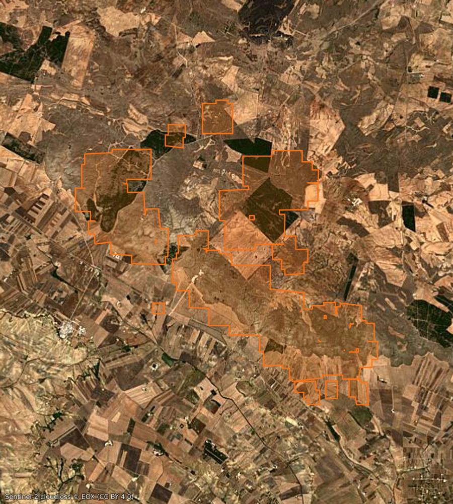 Outline of the burned area near Gravina in Puglia (IT), drawn over satellite imagery