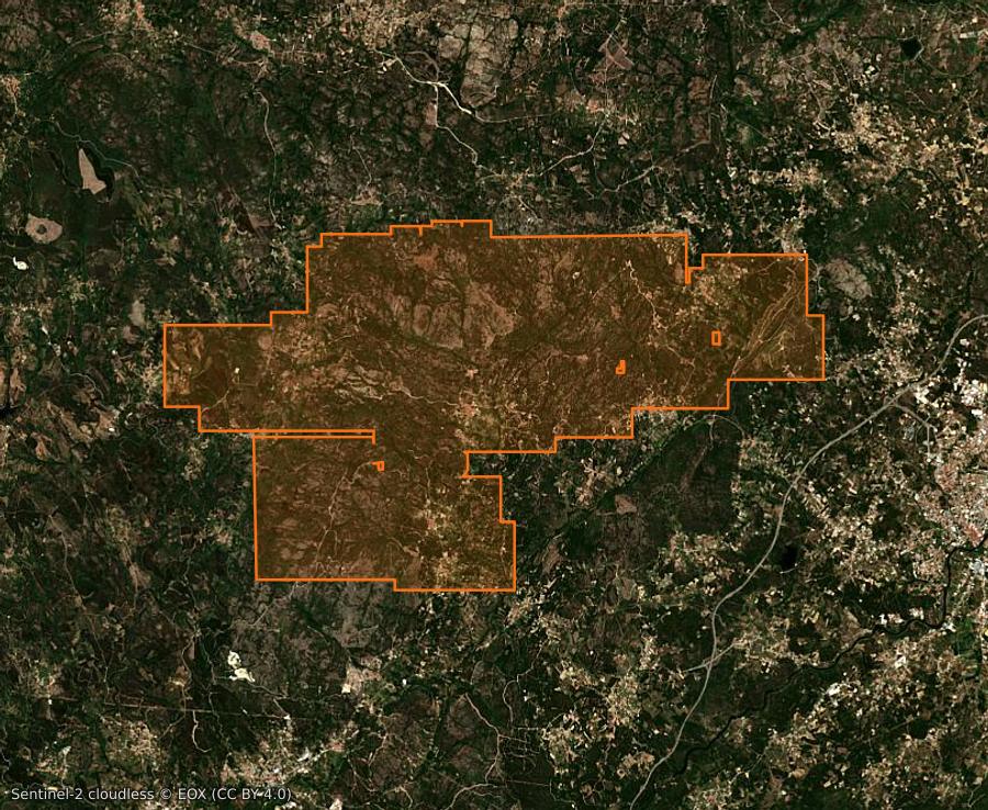 Umriss der Brandfläche bei Boticas (PT), gezeichnet auf Satellitenbilder