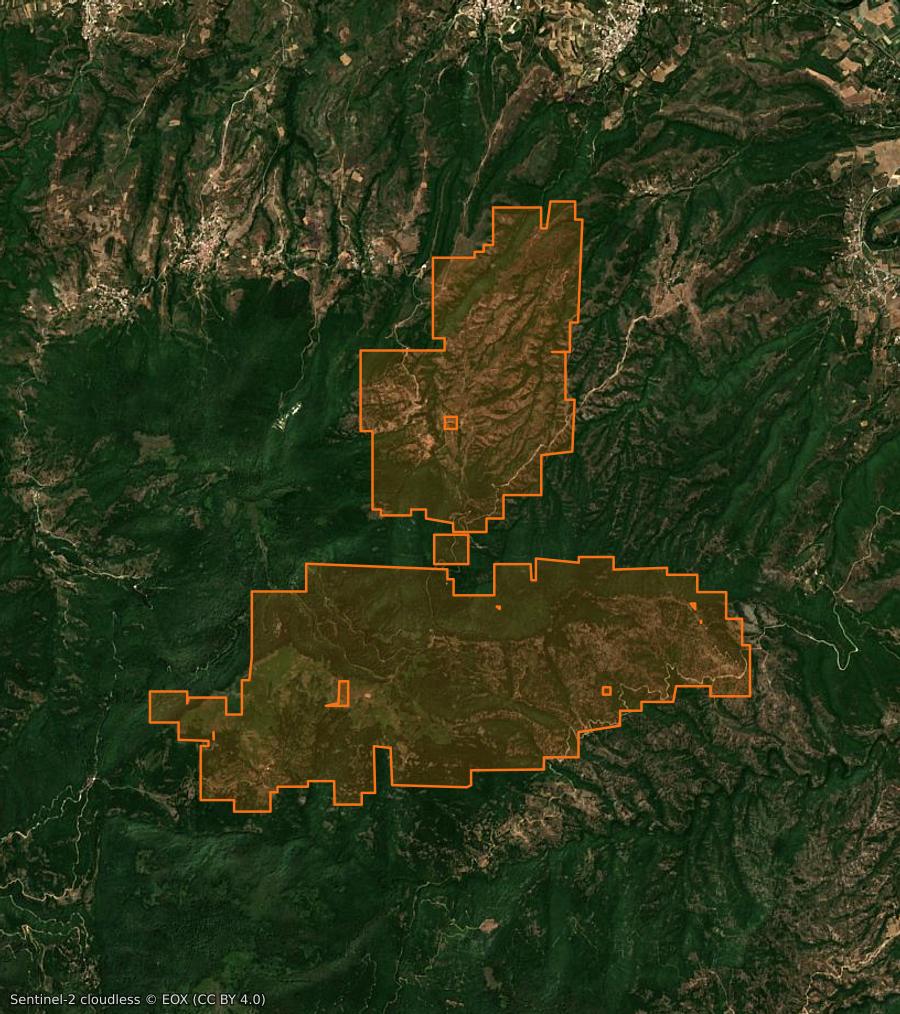 Umriss der Brandfläche bei Вражале (MK), gezeichnet auf Satellitenbilder