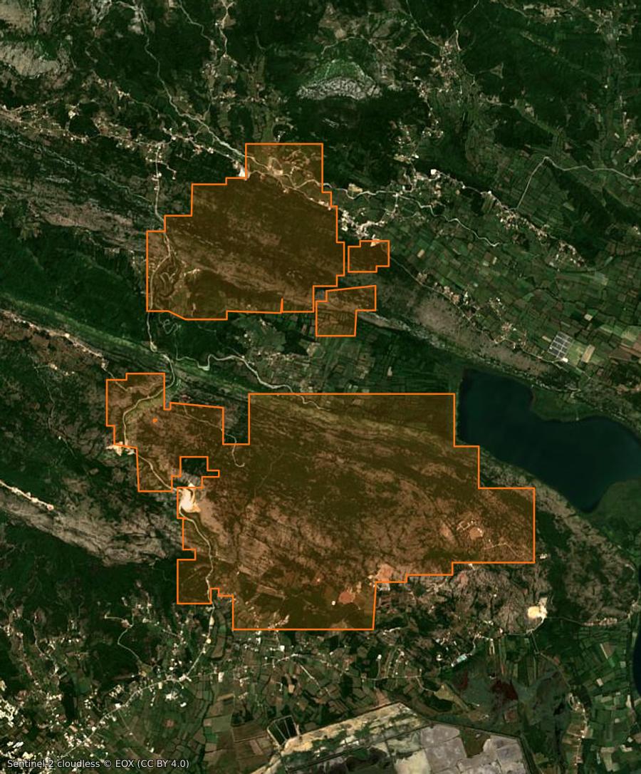 Umriss der Brandfläche bei Municipalité d'Ulcinj (ME), gezeichnet auf Satellitenbilder