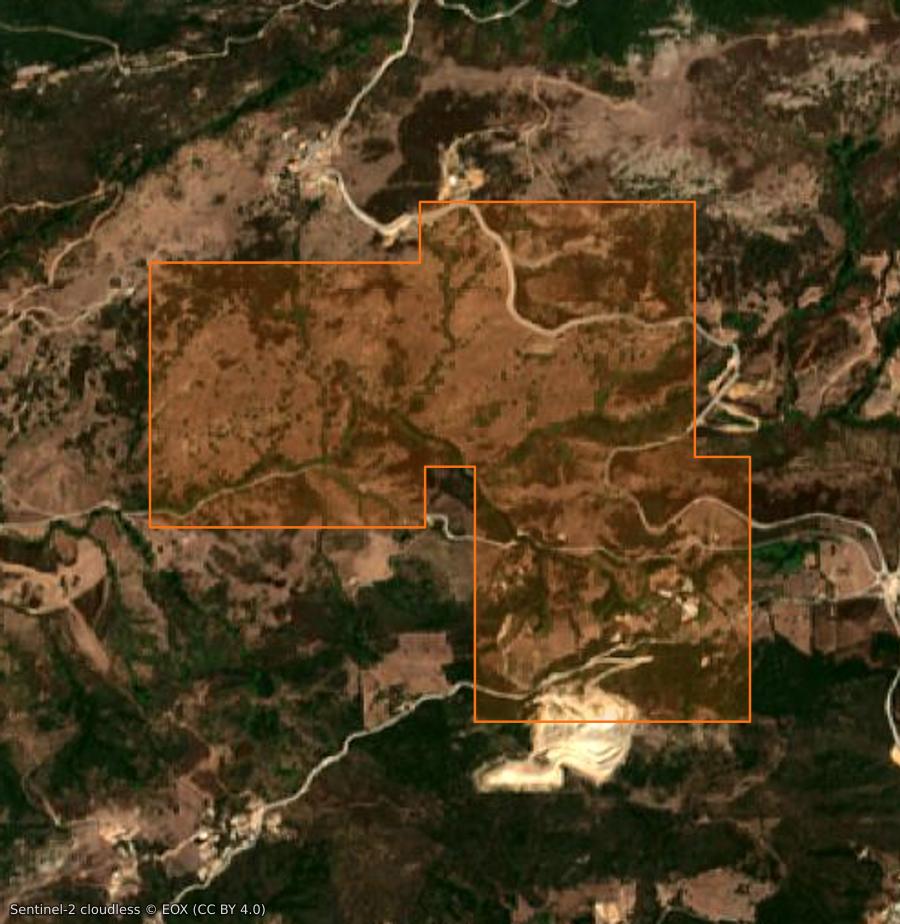 Outline of the burned area near Appietto, drawn over satellite imagery