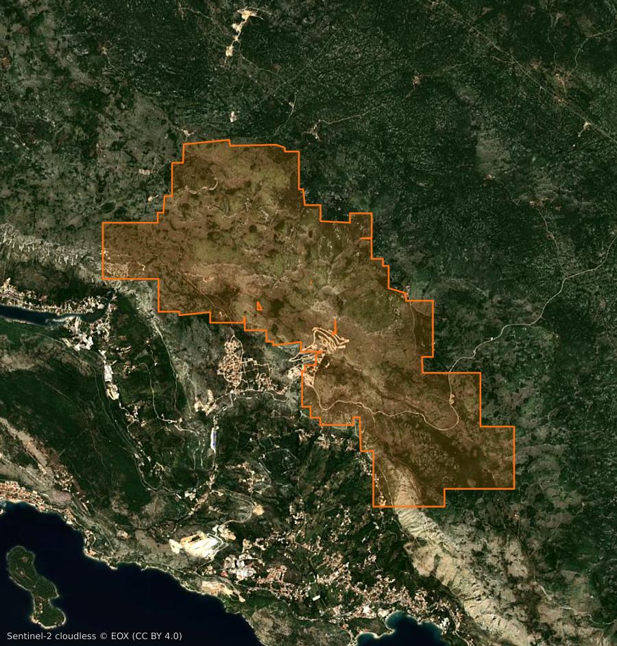 Umriss der Brandfläche bei Uskoplje (BA), gezeichnet auf Satellitenbilder