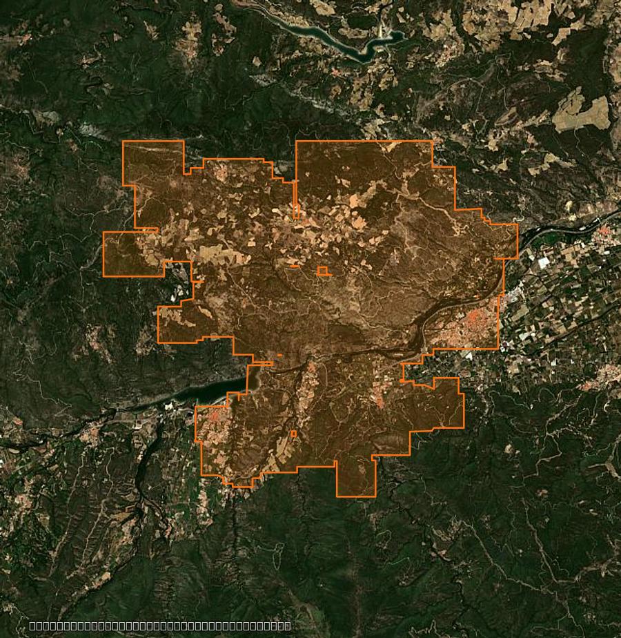 Outline of the burned area near Montalba-le-Château, drawn over satellite imagery