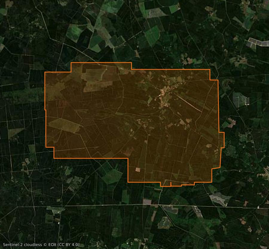 Outline of the burned area near Luglon, drawn over satellite imagery