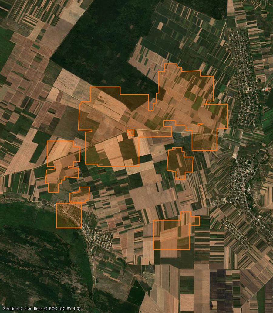 Outline of the burned area near Cujmir (RO), drawn over satellite imagery
