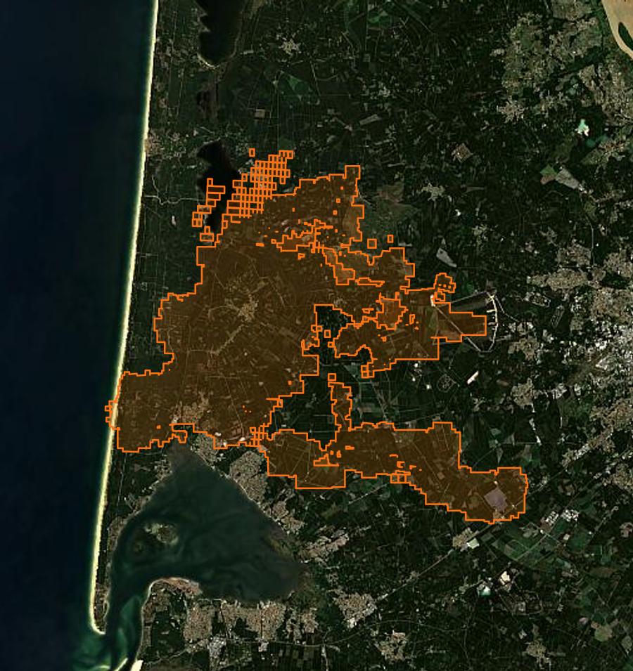 Outline of the burned area near Le Porge, drawn over satellite imagery
