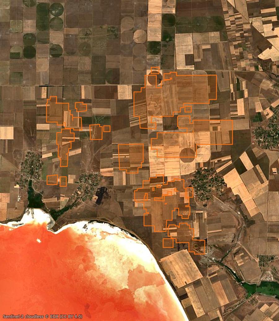 Contour de la zone brûlée de Новотроїцька селищна громада (UA), tracé sur l'imagerie satellite