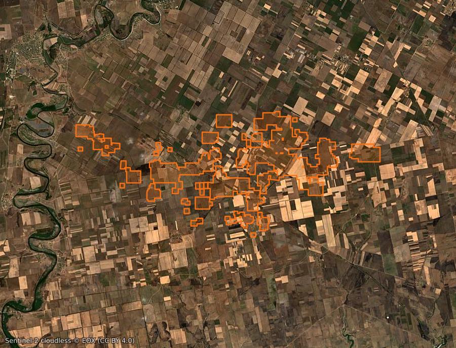 Umriss der Brandfläche bei Тягинська сільська громада (UA), gezeichnet auf Satellitenbilder