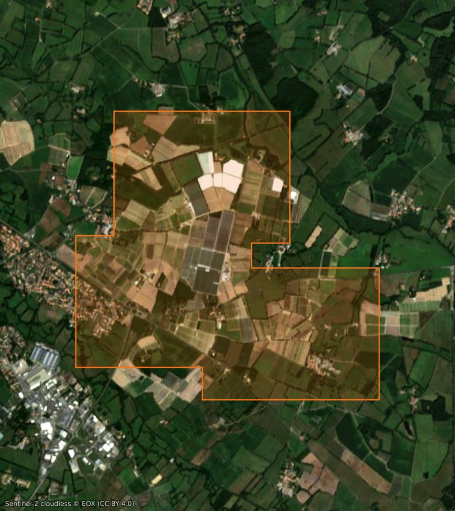 Contorno de la zona quemada cerca de Machecoul-Saint-Même, trazado sobre imágenes de satélite